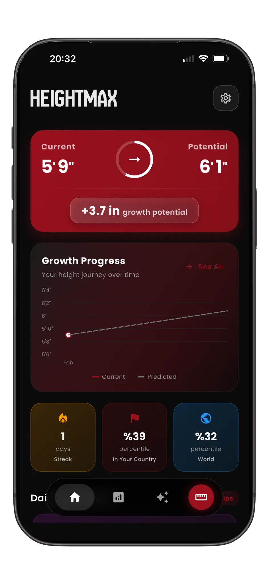 HeightMax home screen showing current height and growth potential
