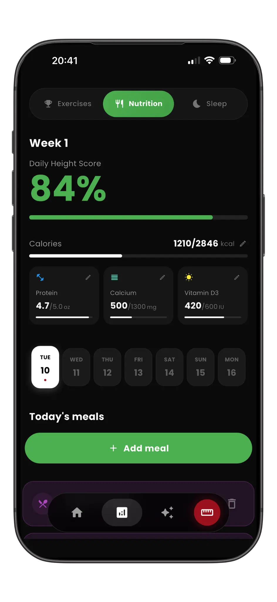 HeightMax nutrition screen showing the daily height score and nutrient targets