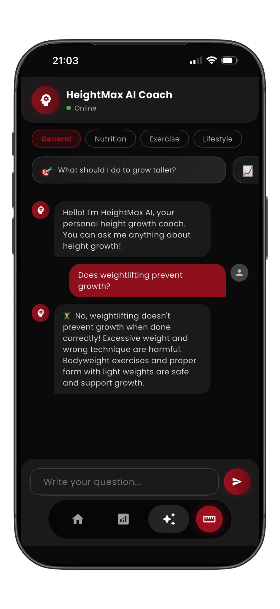 HeightMax AI coach chat screen